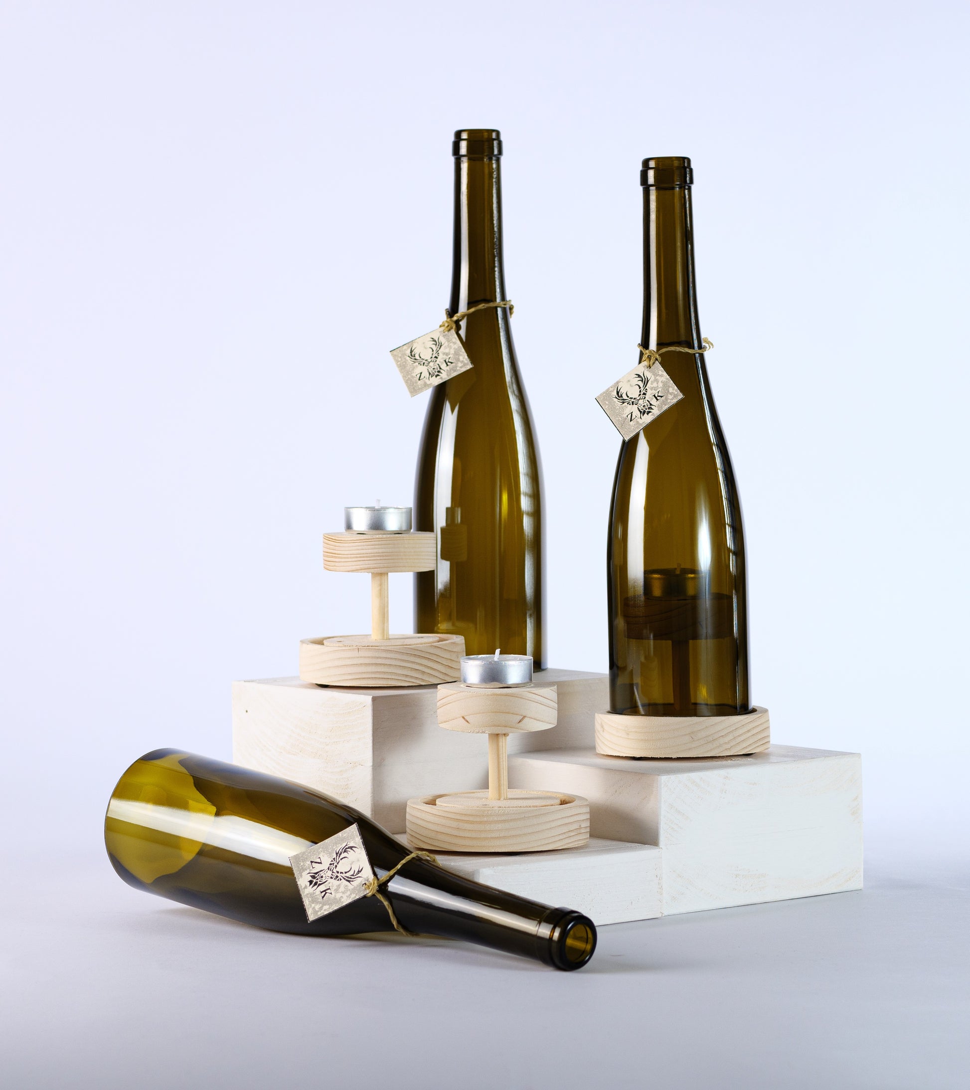 Set Wein Natur Flasche antikgrüne – ZimmerKultur Windlicht #2 / 3er